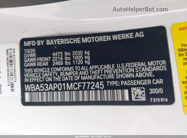 WBA53AP01MCF77245 2021 BMW 7 SERIES White Շարժիչի բաժամունքի տեսք