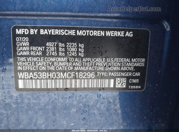 WBA53BH03MCF18296 2021 BMW 5 SERIES Blue Вид підкапотного простору