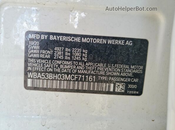 WBA53BH03MCF71161 2021 BMW 5 SERIES White Widok komory silnika