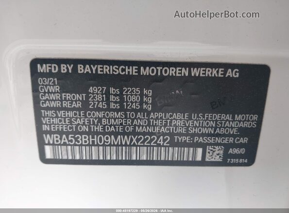 WBA53BH09MWX22242 2021 BMW 5 SERIES White Engine compartment view