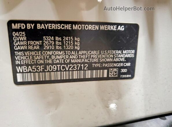 WBA53FJ09TCV23712 2026 BMW 5 SERIES White Вид наклейки з VIN-кодом