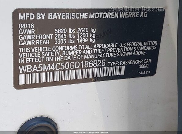 WBA5M4C50GD186826 2016 BMW 5 SERIES White Շարժիչի բաժամունքի տեսք