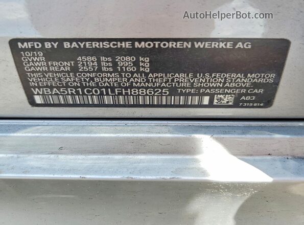 WBA5R1C01LFH88625 2020 BMW 3 SERIES Silver VIN კოდის სტიკერის ხედი