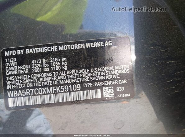 WBA5R7C0XMFK59109 2021 BMW 7 SERIES Gray Vista del compartimento del motor