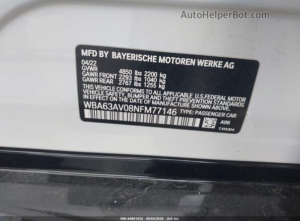 WBA63AV08NFM77146 2022 BMW 7 SERIES White Вид підкапотного простору