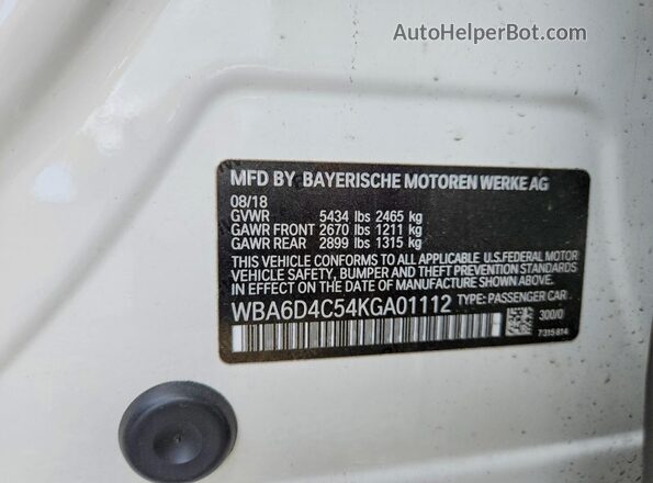 WBA6D4C54KGA01112 2019 BMW 6 SERIES White Սալոնի 360 աստիճան տեսք
