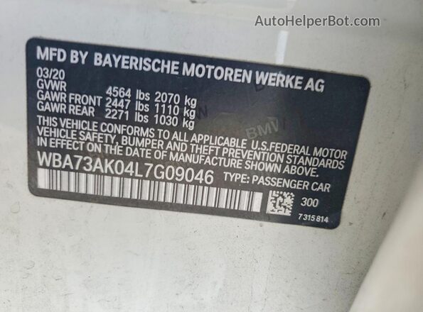 WBA73AK04L7G09046 2020 BMW 2 SERIES White VIN sticker view