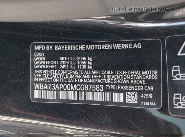 WBA73AP00MCG87583 2021 BMW 4 SERIES Black Vista del compartimento del motor