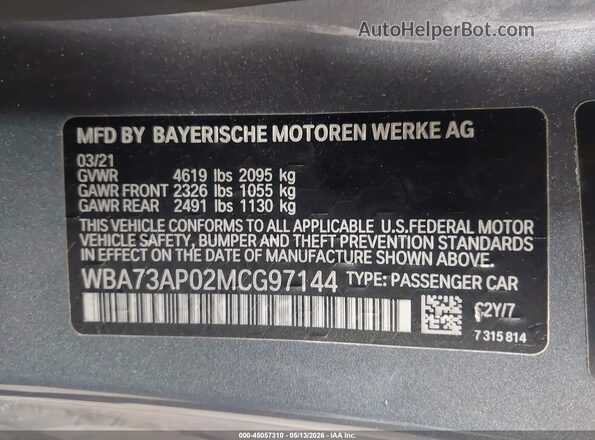 WBA73AP02MCG97144 2021 BMW 4 SERIES Gray Вид підкапотного простору