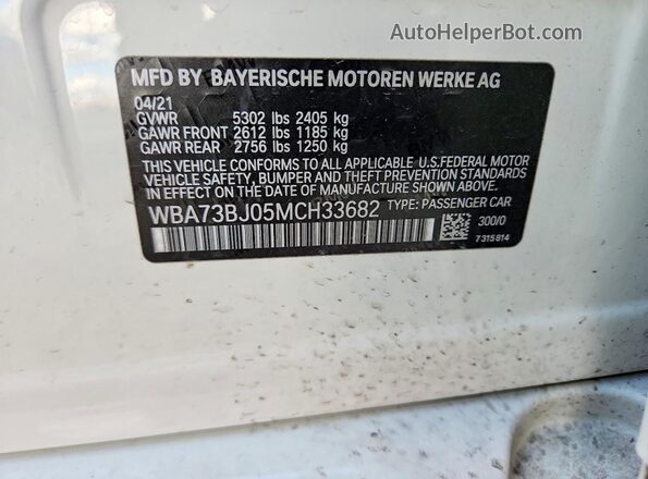 WBA73BJ05MCH33682 2021 BMW 5 SERIES White VIN კოდის სტიკერის ხედი