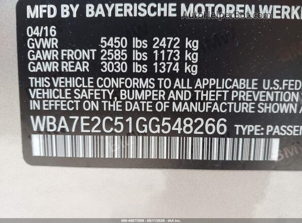WBA7E2C51GG548266 2016 BMW 7 SERIES Cream Вид підкапотного простору