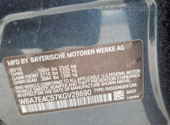 WBA7E4C57KGV28690 2019 BMW 7 SERIES Gray VIN კოდის სტიკერის ხედი
