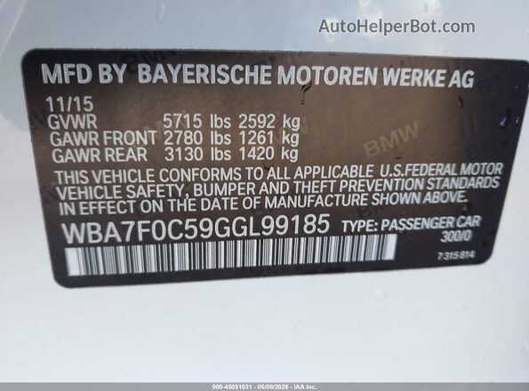 WBA7F0C59GGL99185 2016 BMW 7 SERIES White Вид підкапотного простору