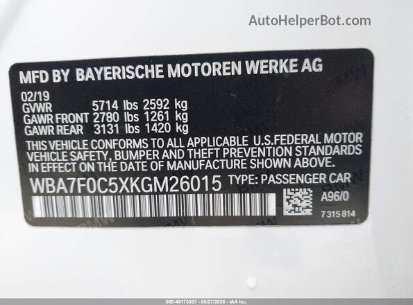WBA7F0C5XKGM26015 2019 BMW 7 SERIES White Vista del compartimento del motor