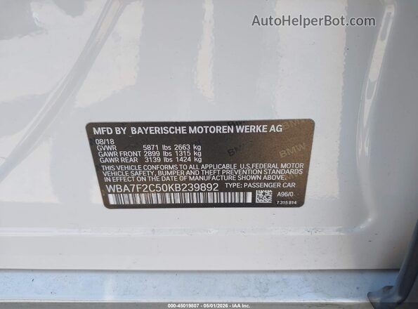 WBA7F2C50KB239892 2019 BMW 7 SERIES White Вид підкапотного простору