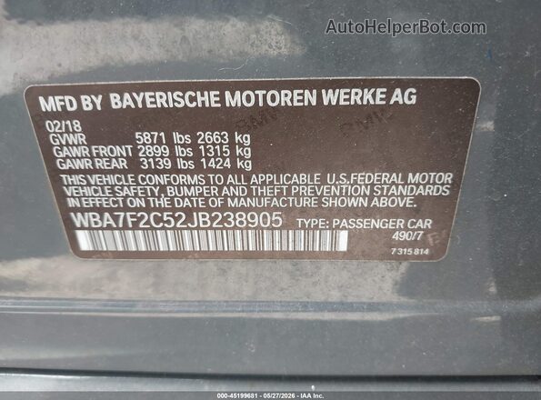 WBA7F2C52JB238905 2018 BMW 7 SERIES Gray 