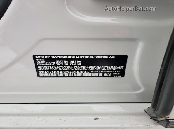 WBA7U2C08NCK33895 2022 BMW 7 SERIES White Vista del compartimento del motor