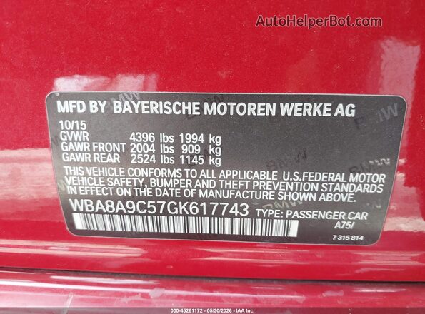 WBA8A9C57GK617743 2016 BMW 3 SERIES Red Engine compartment view