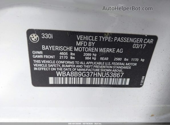 WBA8B9G37HNU53867 2017 BMW 3 SERIES White VIN კოდის სტიკერის ხედი