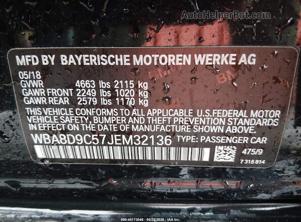 WBA8D9C57JEM32136 2018 BMW 3 SERIES Black Вид підкапотного простору