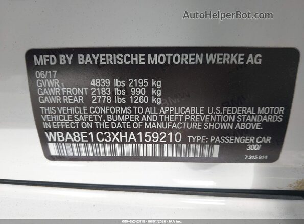 WBA8E1C3XHA159210 2017 BMW 3 SERIES Белый Вид подкапотного пространства