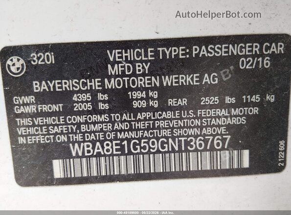 WBA8E1G59GNT36767 2016 BMW 3 SERIES Белый Вид подкапотного пространства