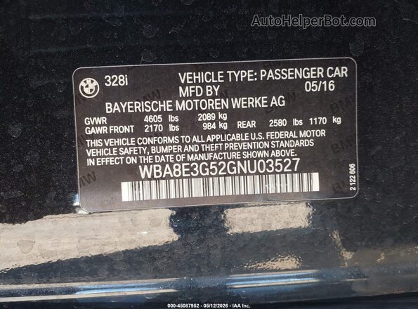 WBA8E3G52GNU03527 2016 BMW 3 SERIES Black Вид підкапотного простору