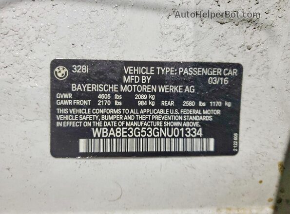 WBA8E3G53GNU01334 2016 BMW 3 SERIES White Widok komory silnika