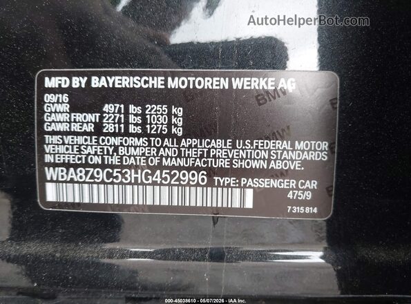WBA8Z9C53HG452996 2017 BMW 3 SERIES Black Widok komory silnika