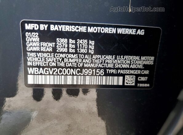 WBAGV2C00NCJ99156 2022 BMW 8 SERIES Charcoal VIN sticker view