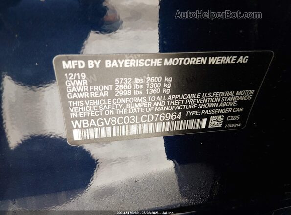 WBAGV8C03LCD76964 2020 BMW M8 Blue ძრავის განყოფილების ხედი