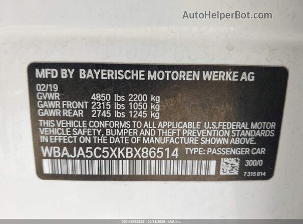 WBAJA5C5XKBX86514 2019 BMW 5 SERIES White Вид підкапотного простору