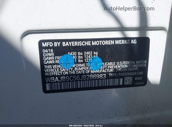 WBAJB9C56JB286983 2018 BMW 7 SERIES Белый Вид подкапотного пространства