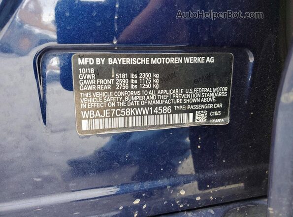 WBAJE7C58KWW14586 2019 BMW 5 SERIES Blue Вид підкапотного простору