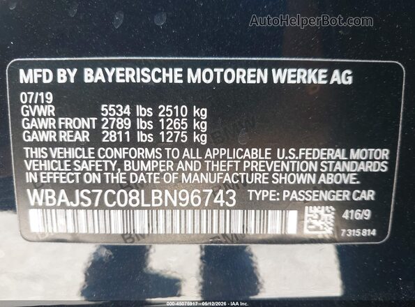 WBAJS7C08LBN96743 2020 BMW 5 SERIES Black ძრავის განყოფილების ხედი