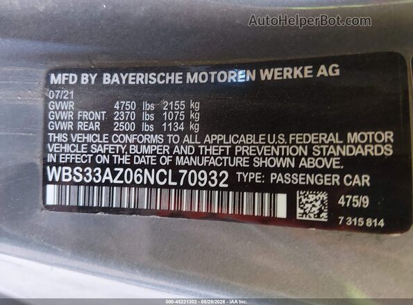 WBS33AZ06NCL70932 2022 BMW M4 Gray ძრავის განყოფილების ხედი
