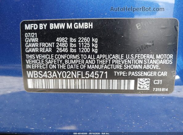 WBS43AY02NFL54571 2022 BMW M3 Blue ძრავის განყოფილების ხედი