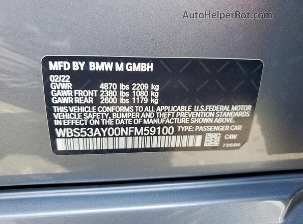 WBS53AY00NFM59100 2022 BMW M3 Gray Engine compartment view