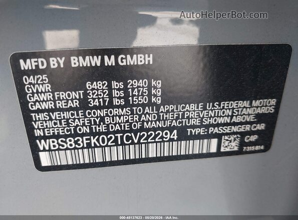 WBS83FK02TCV22294 2026 BMW M5 Gray Вид підкапотного простору
