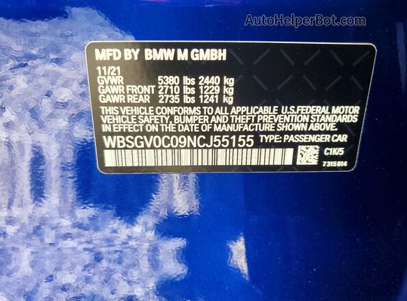 WBSGV0C09NCJ55155 2022 BMW M8 Blue Vista de la etiqueta del VIN