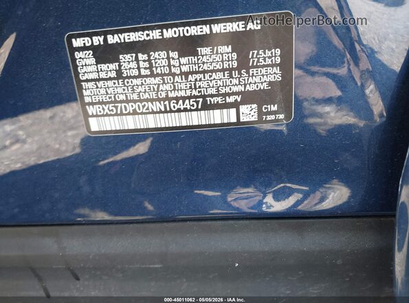 WBX57DP02NN164457 2022 BMW X3 Blue Engine compartment view