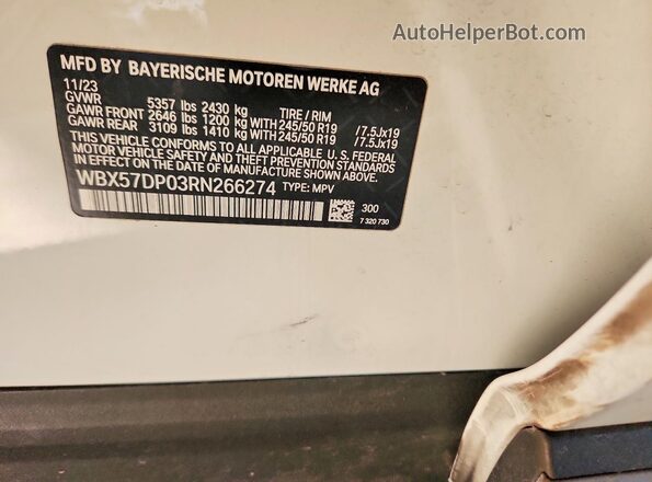 WBX57DP03RN266274 2024 BMW X3 White Widok naklejki z numerem VIN