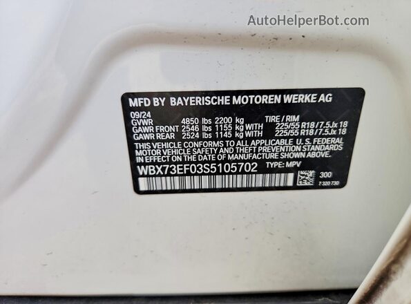 WBX73EF03S5105702 2025 BMW X1 White VIN კოდის სტიკერის ხედი