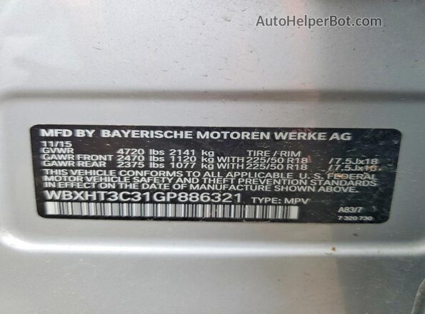 WBXHT3C31GP886321 2016 BMW X1 Silver სალონის 360-გრადუსიანი ხედი