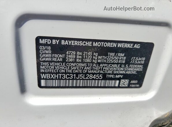 WBXHT3C31J5L28455 2018 BMW X1 White 