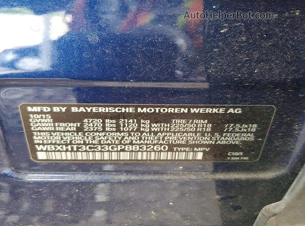 WBXHT3C33GP883260 2016 BMW X1 Blue Widok naklejki z numerem VIN