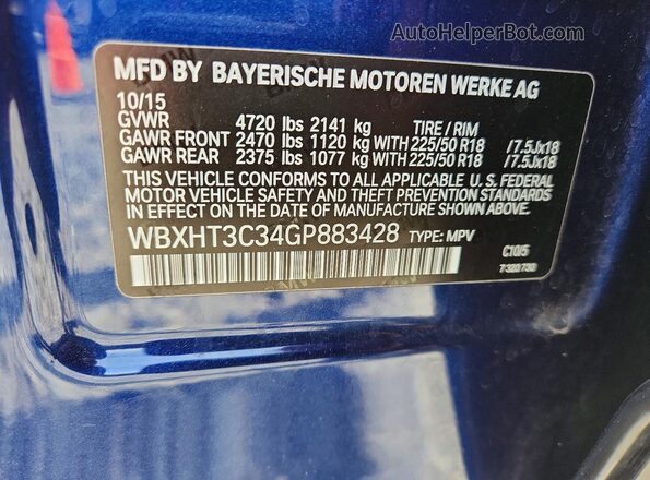 WBXHT3C34GP883428 2016 BMW X1 Синий Вид наклейки с VIN-кодом