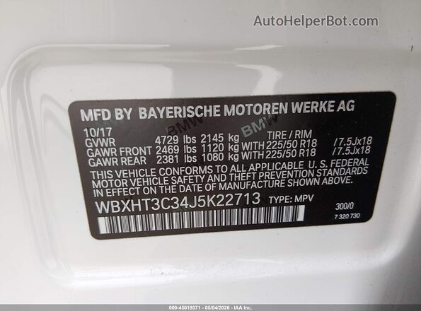 WBXHT3C34J5K22713 2018 BMW X1 White Widok komory silnika