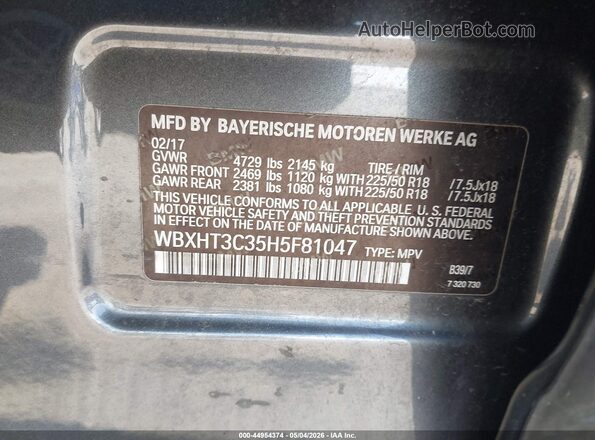 WBXHT3C35H5F81047 2017 BMW X1 Gray Engine compartment view