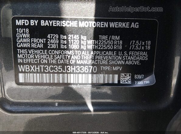 WBXHT3C35J3H33670 2018 BMW X1 Gray Widok komory silnika